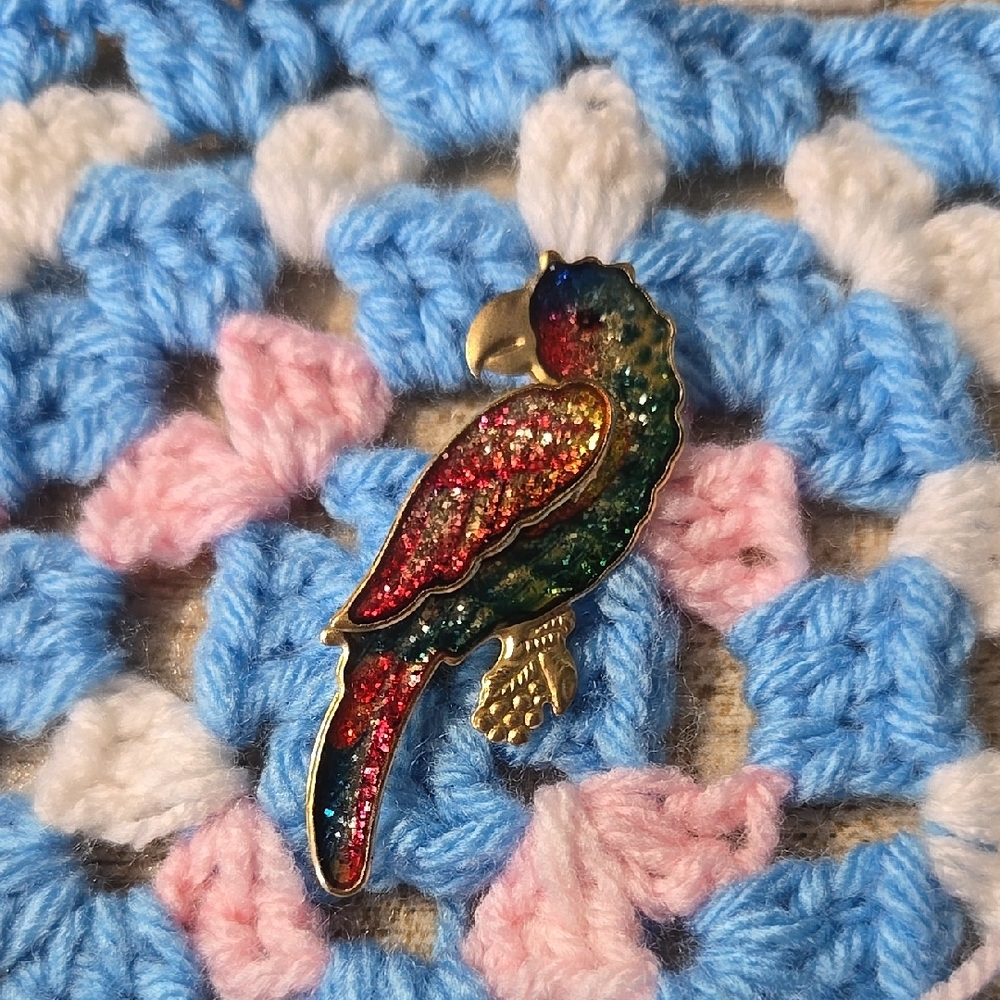 Vintage 80s 90s Rainbow Colorful Parrot Bird Pin Brooch W Glitter